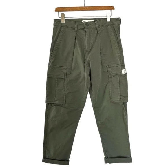 Zara Army Green High Waist Tapered Leg Stretch Cotton Cargo Pants Size 31 - Picture 3 of 12